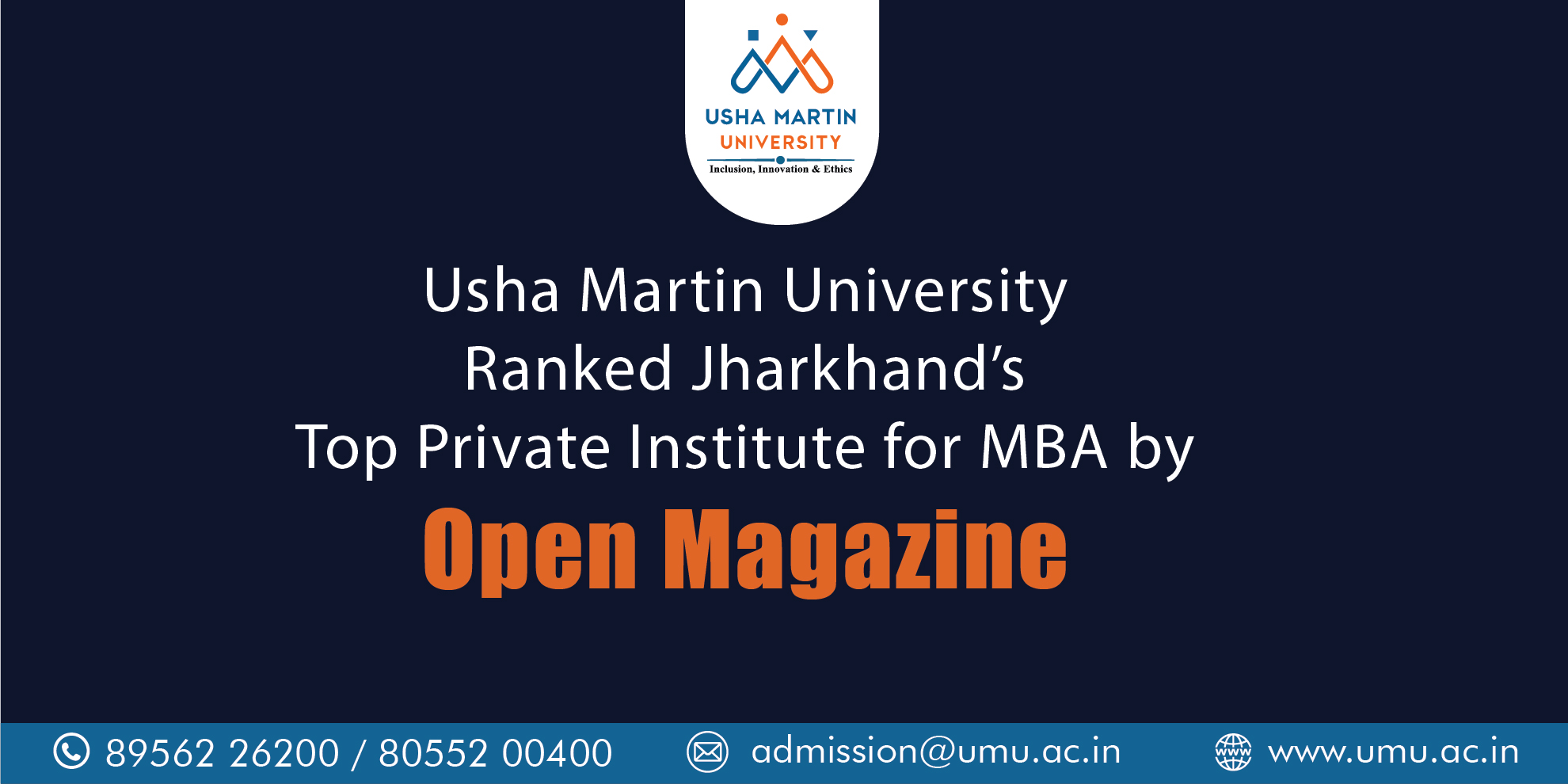 UMU Ranked Jharkhand’s top private institute for MBA by Open magazine