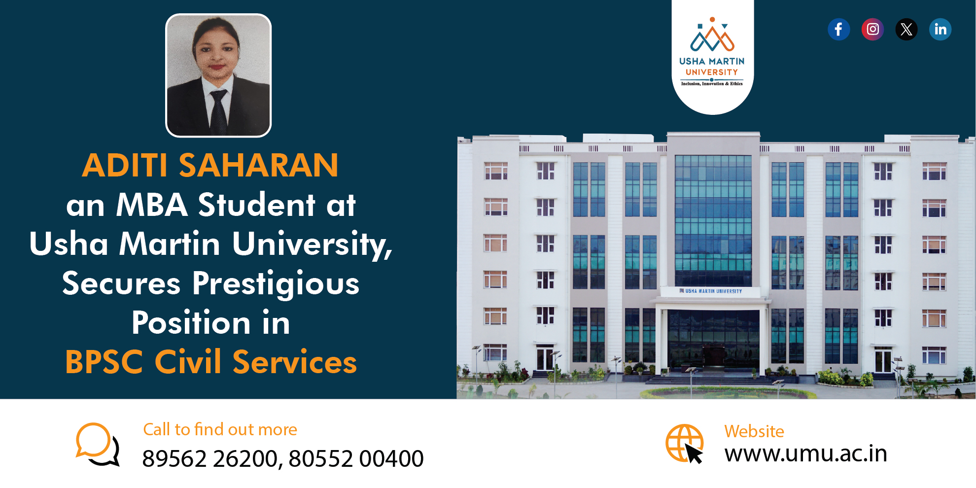 Aditi Saharan, an MBA Student at UMU, Secures Prestigious Position in BPSC Civil Services