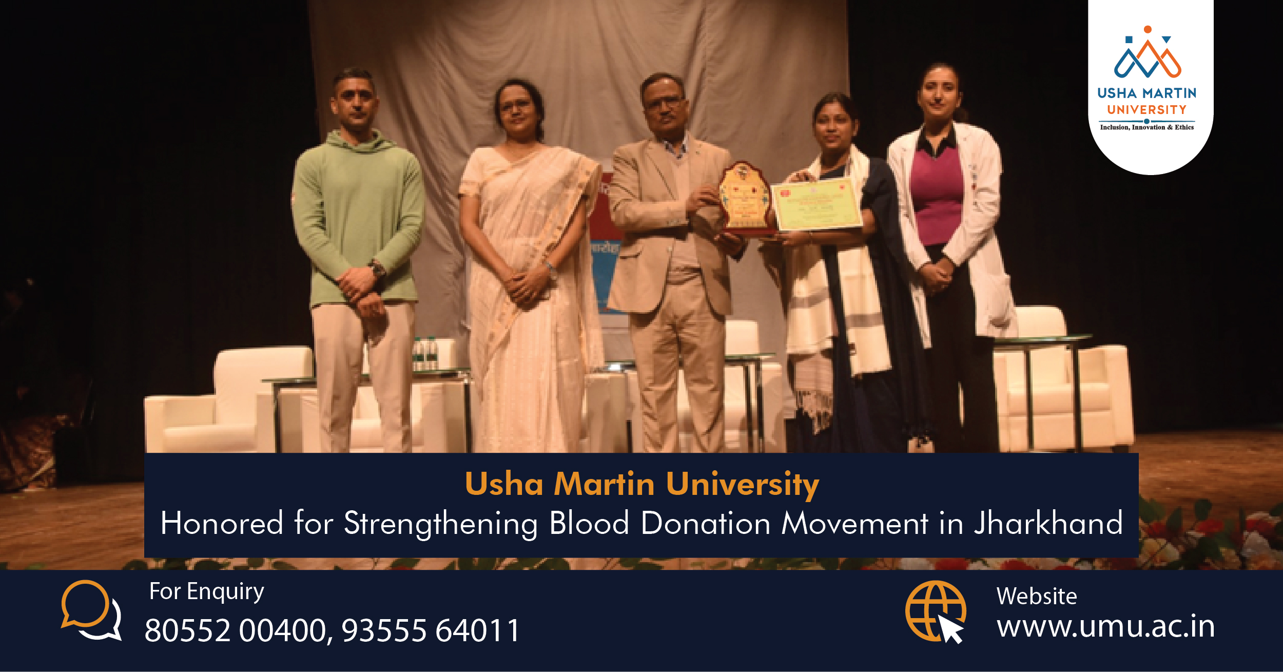 Usha Martin University, Ranchi Recognized for its Contribution to Blood Donation Movement