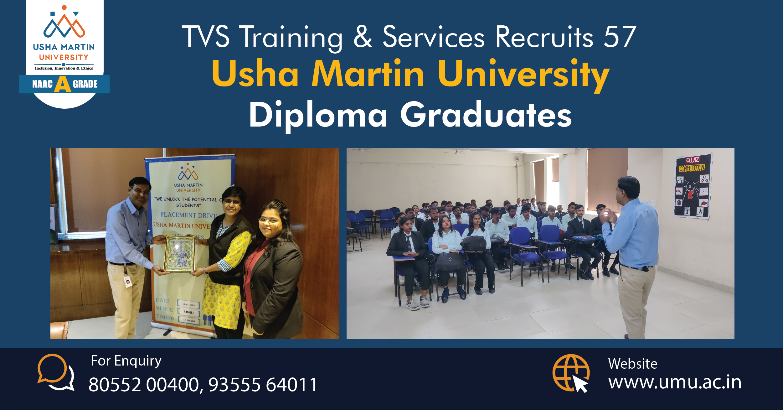 Usha Martin University Achieves 57 Diploma Placements in TVS Recruitment Drive