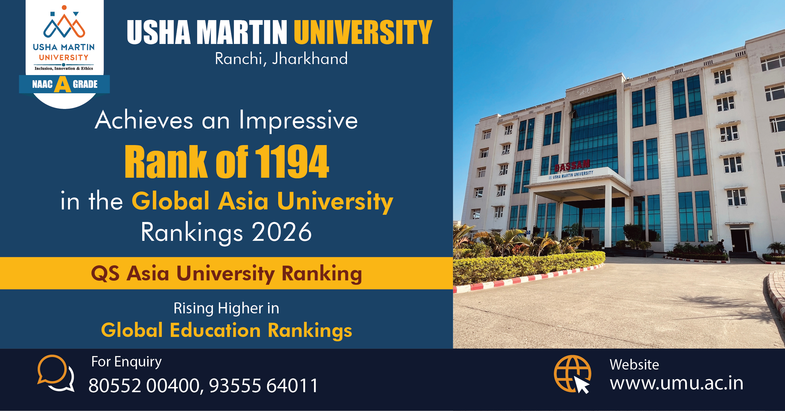 Usha Martin University, Ranchi, Achieves an Impressive Rank of 1194 in the Global Asia University Rankings 2026