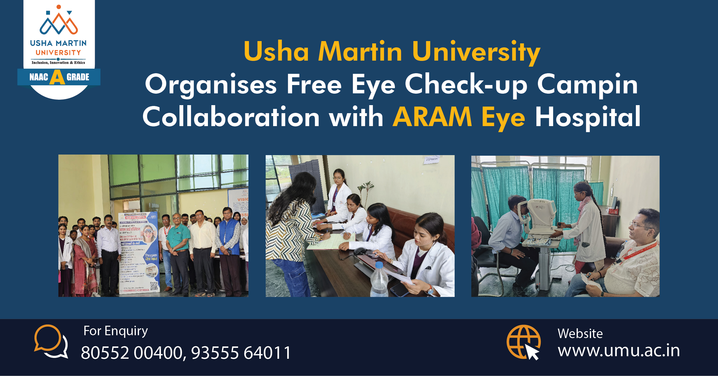Usha Martin University Organises Free Eye Check-up Campin Collaboration with ARAM Eye Hospital